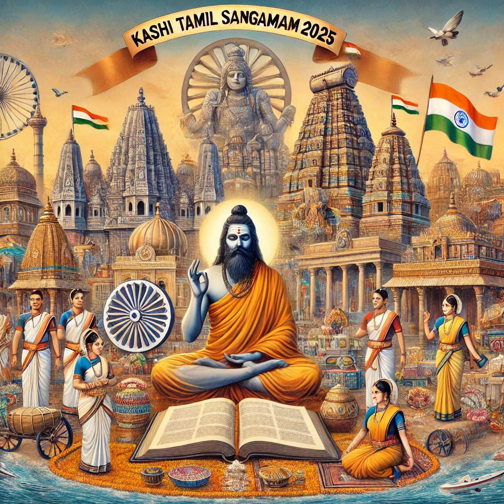 the Kashi Tamil Sangamam 2025 event, showcasing a cultural exchange between Kashi (Varanasi) and Tamil Nadu.